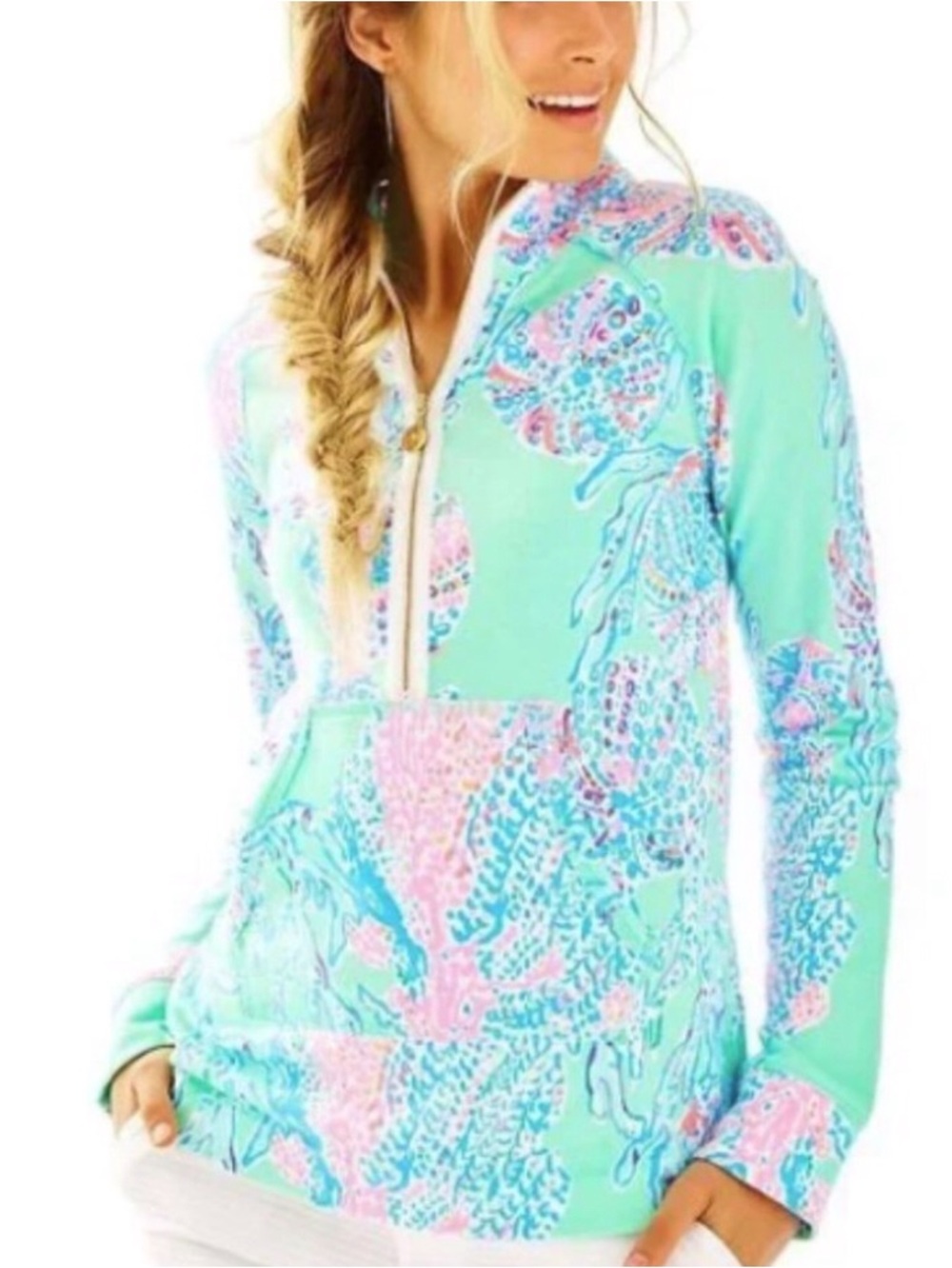 Lilly Pulitzer Skipper Popover Minty Fresh Fansea Green/pink, Quarter Zip size L